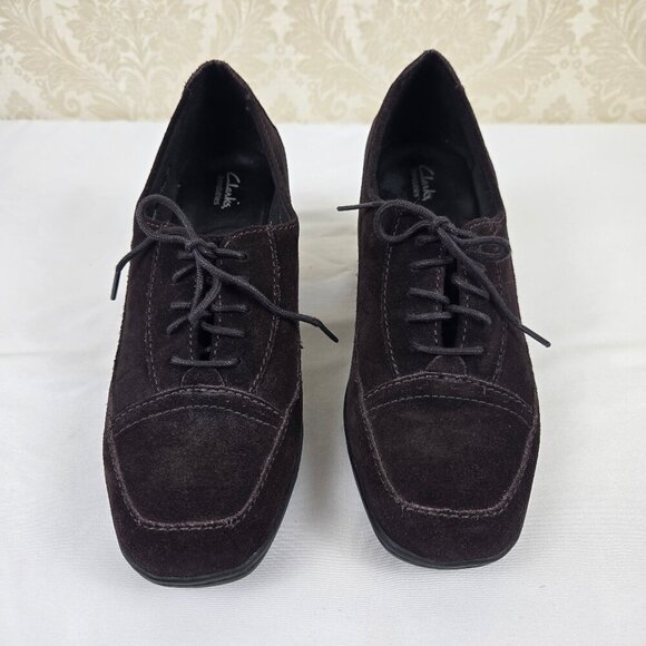 Clarks Bendables Size 9.5M Chocolate Brown Heeled Lace Up Loafers 1/2" Platform - Picture 1 of 13